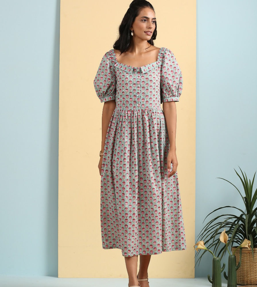 Blue off shoulder midi dress with puff sleeves- SAMPLE SALE- S SIZE