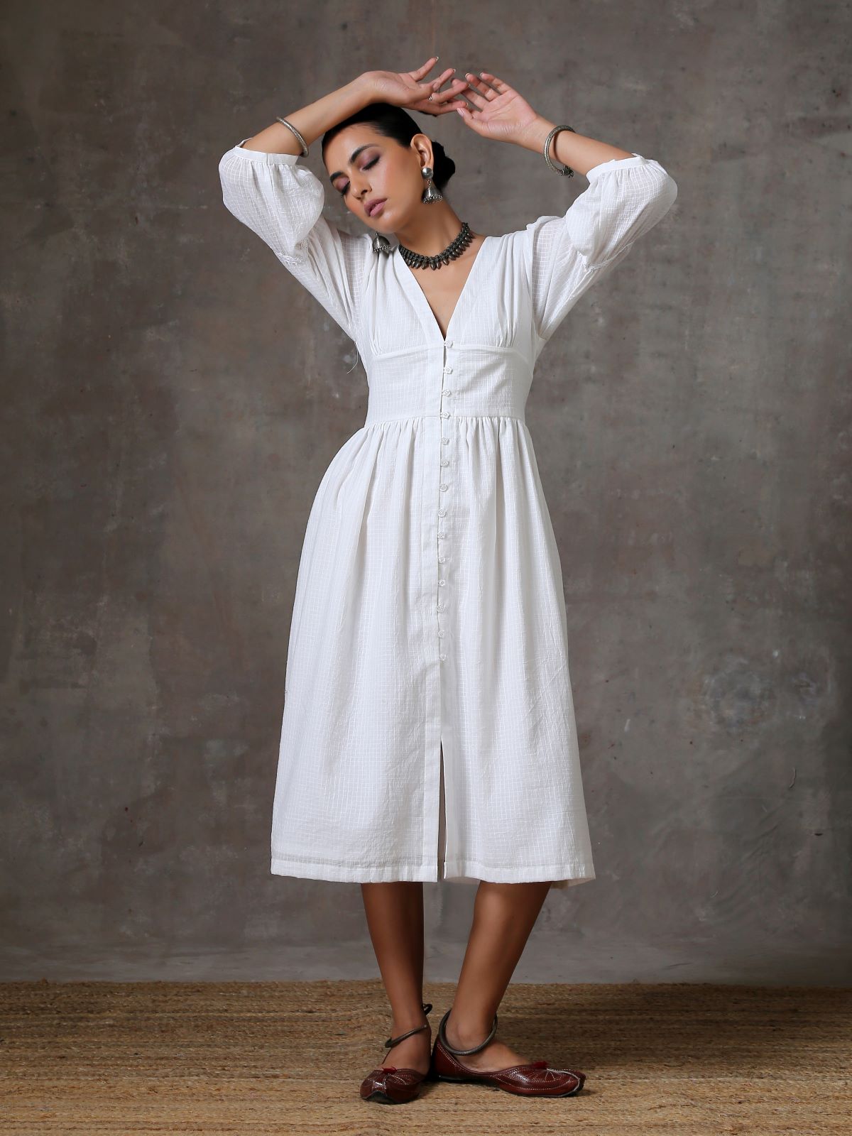 Luna- Deep neck white textured dress