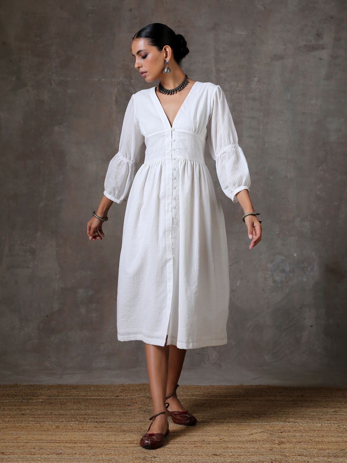 Luna- Deep neck white textured dress