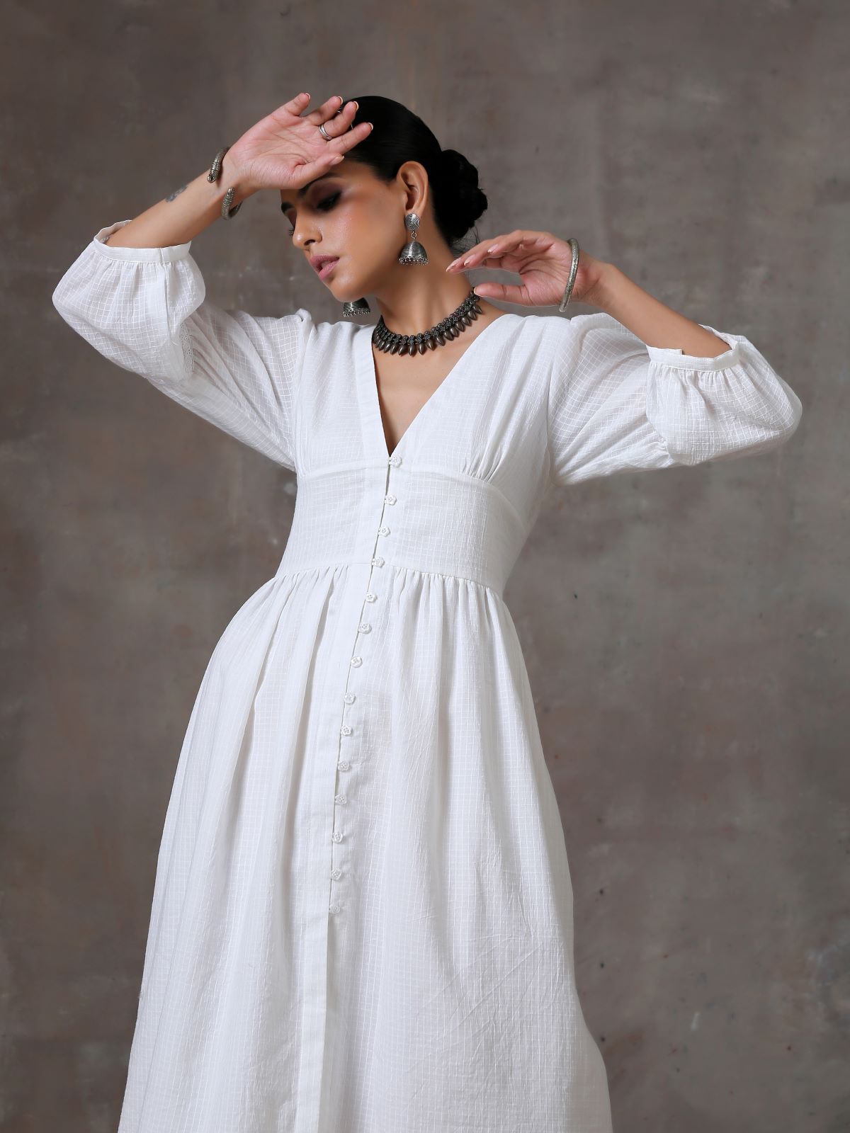 Luna- Deep neck white textured dress