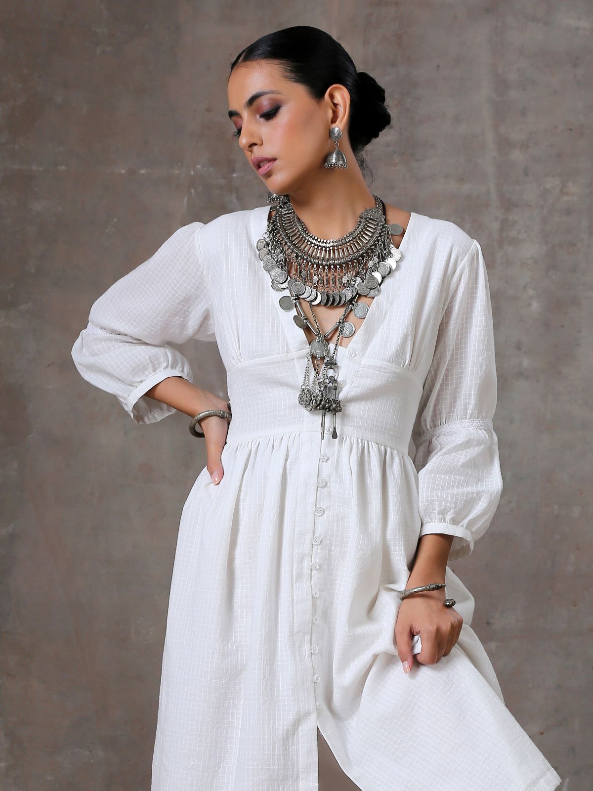 Luna- Deep neck white textured dress