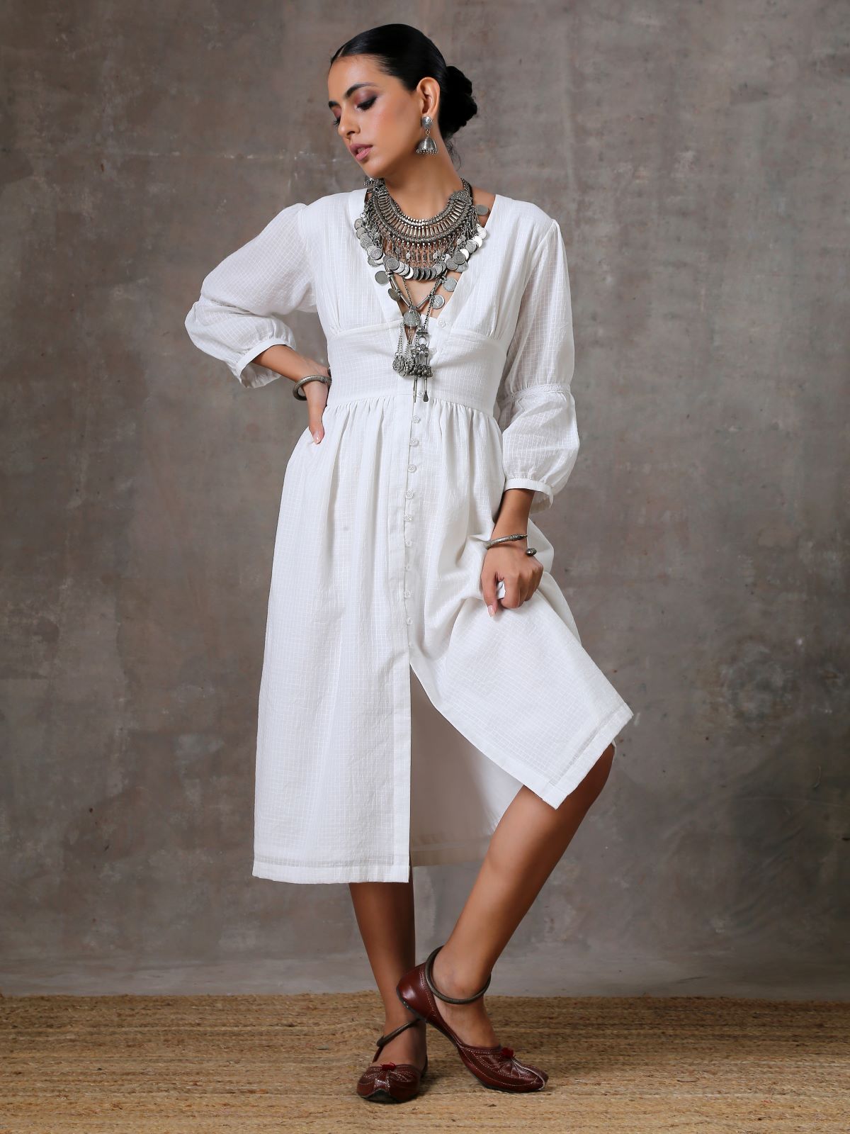 Luna- Deep neck white textured dress