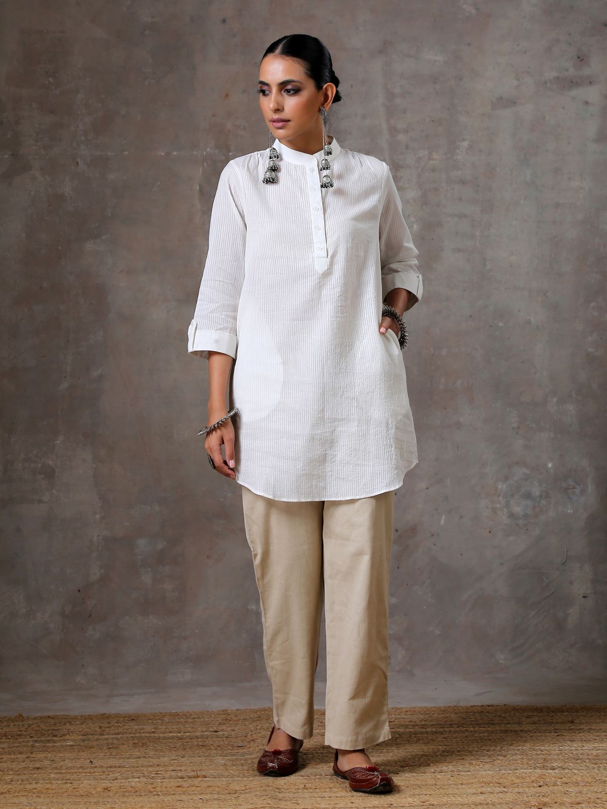 Halo- Textured white striped short kurta- SAMPLE SALE