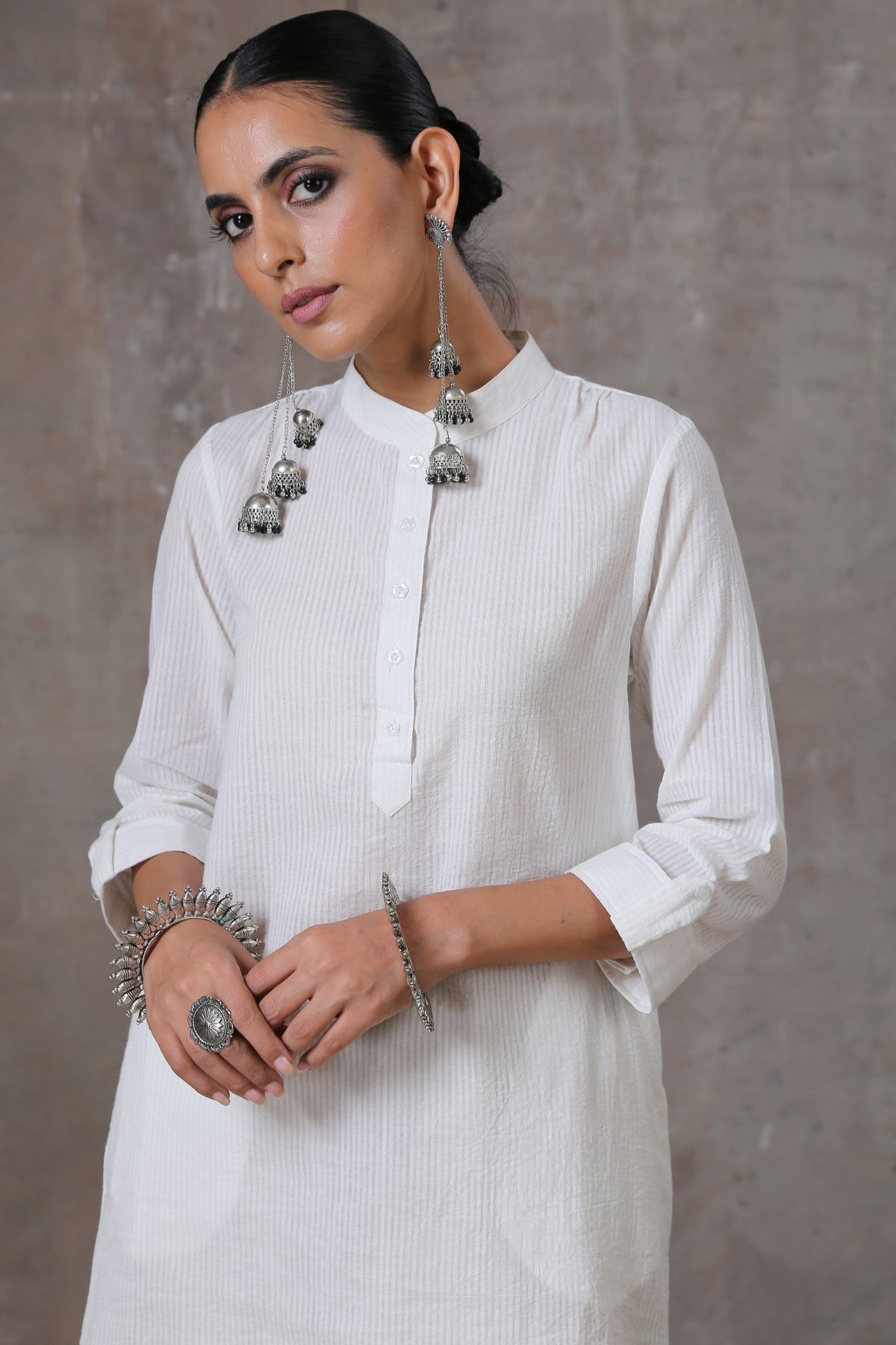 Halo- Textured white striped short kurta- SAMPLE SALE