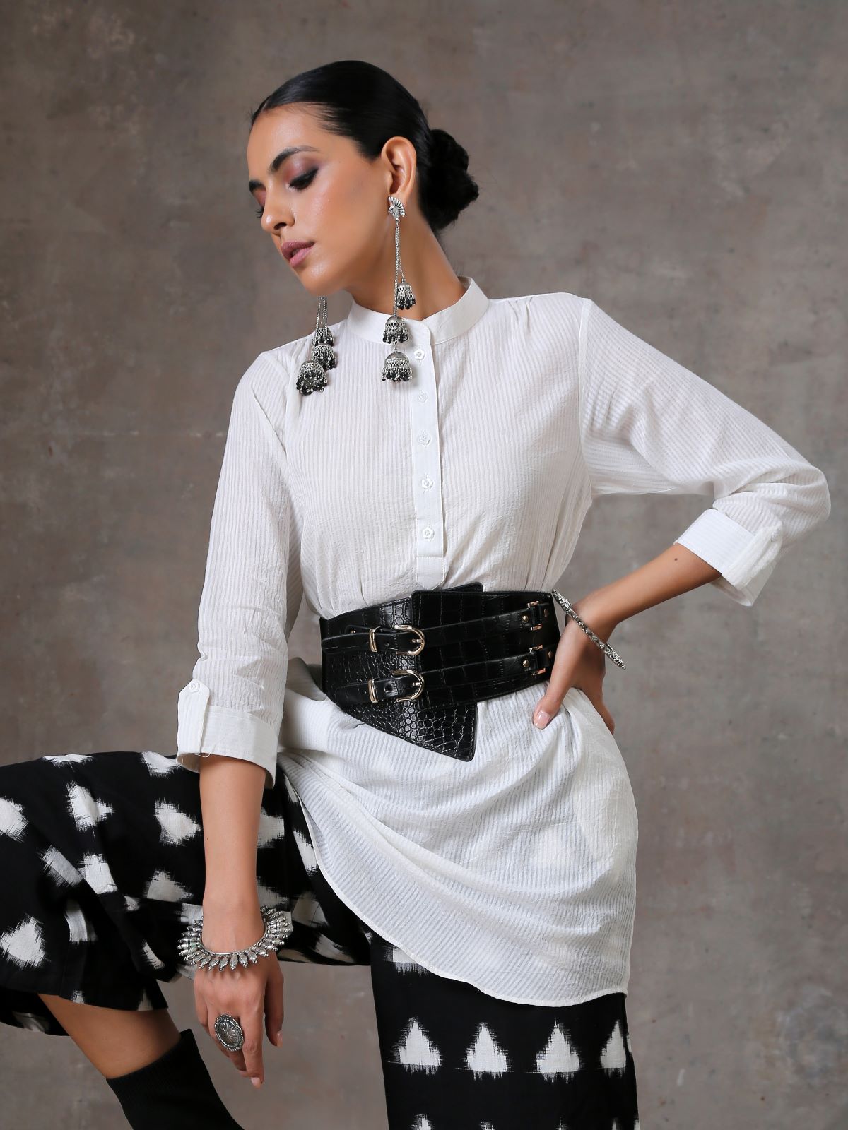 Halo- Textured white striped short kurta- SAMPLE SALE