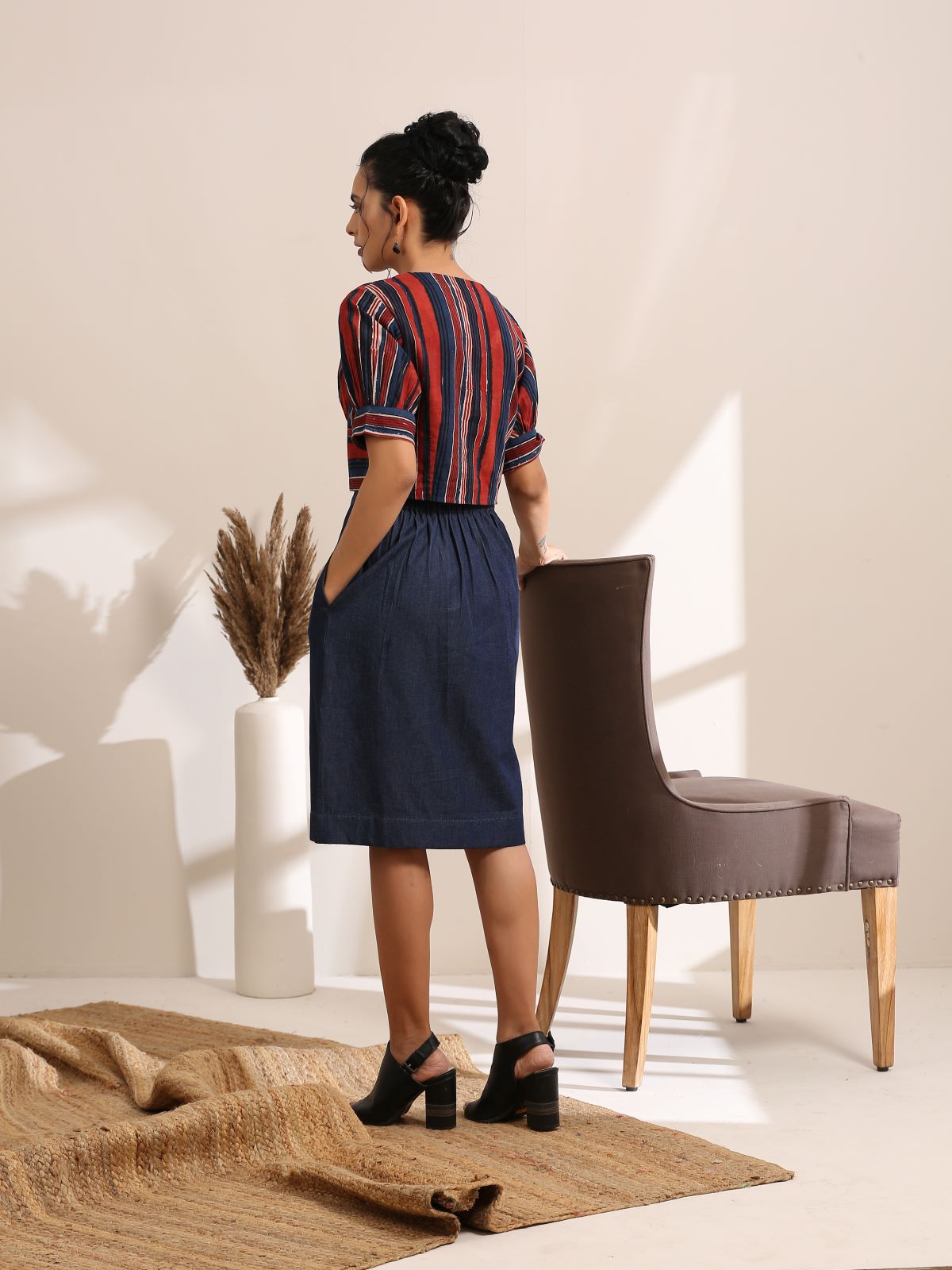 Lucy- Deep striped crop top with denim skirt