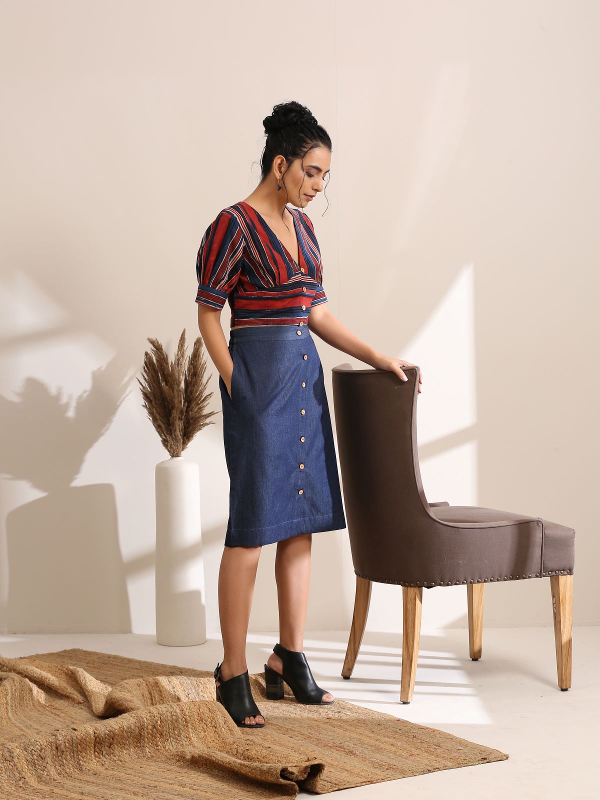 Lucy- Deep striped crop top with denim skirt