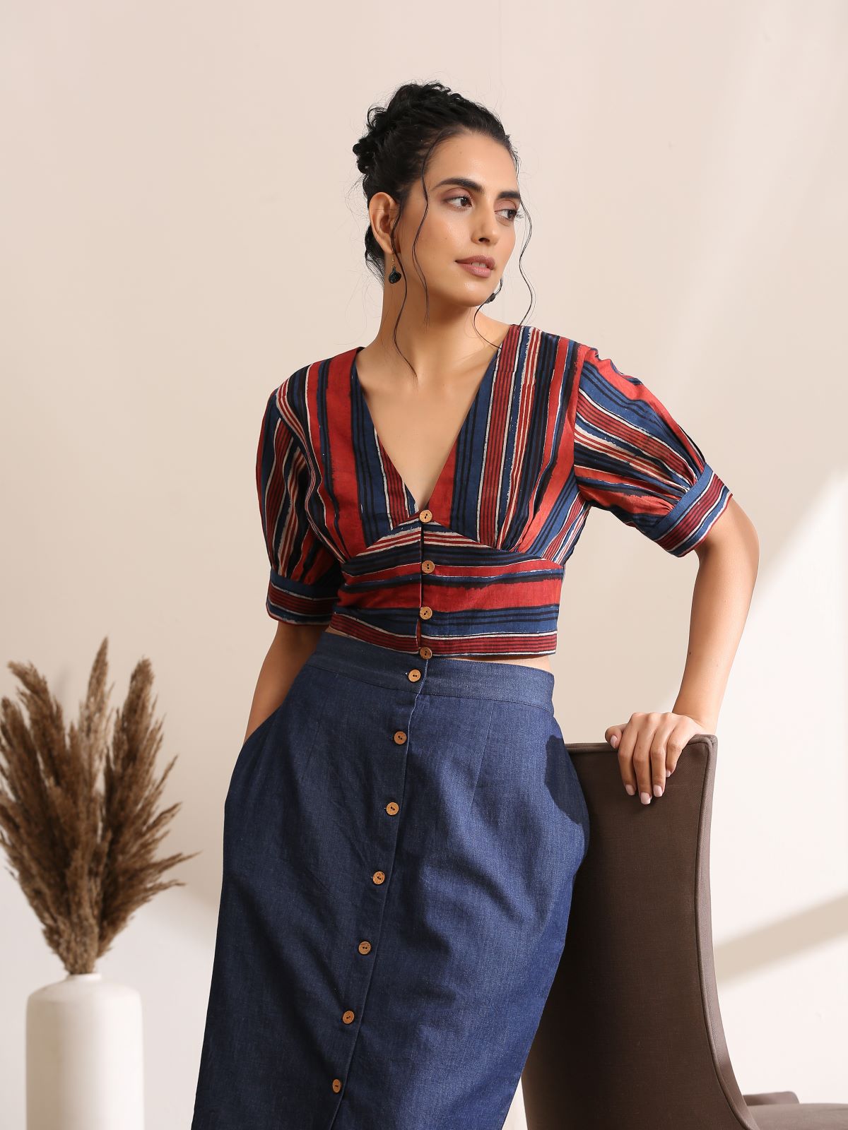 Lucy- Deep striped crop top with denim skirt