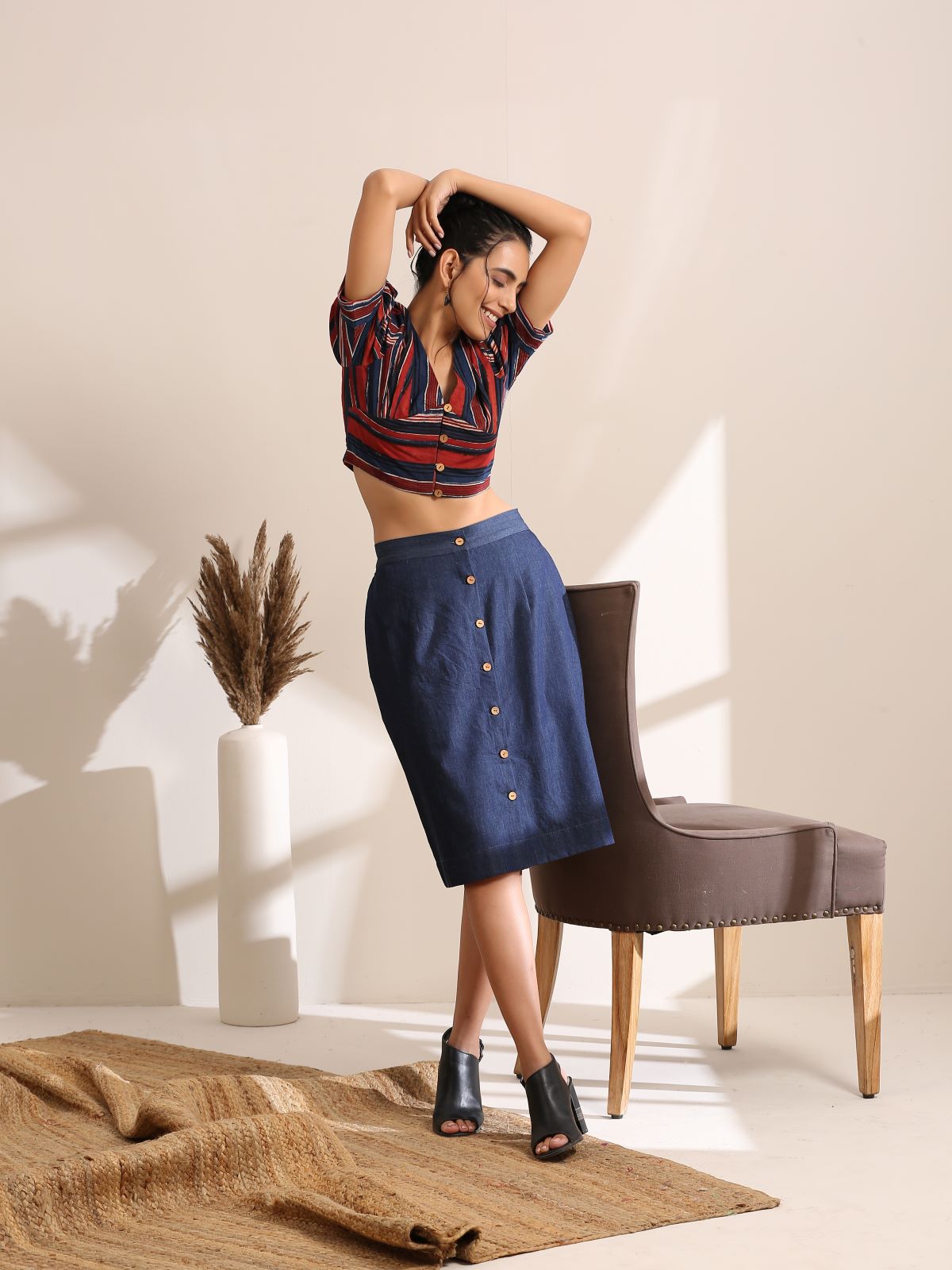 Lucy- Deep striped crop top with denim skirt