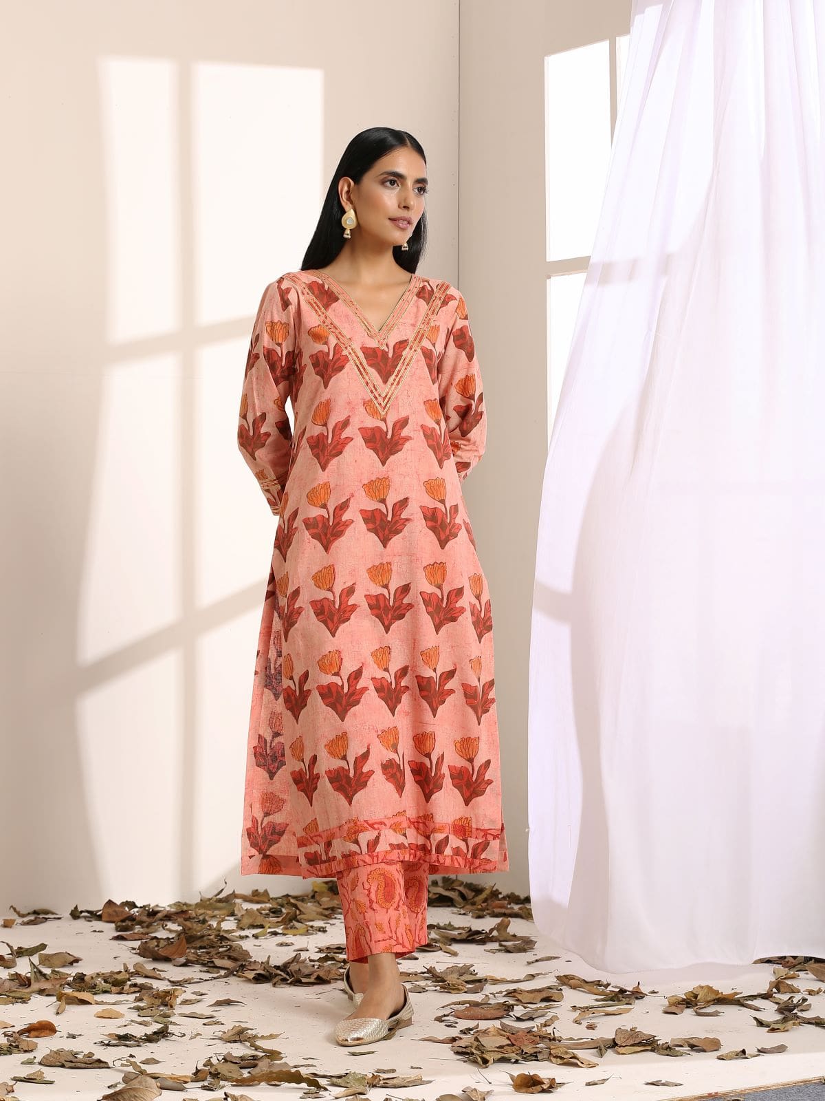 Peach Orange straight kurta set- set of 3- SAMPLE PC