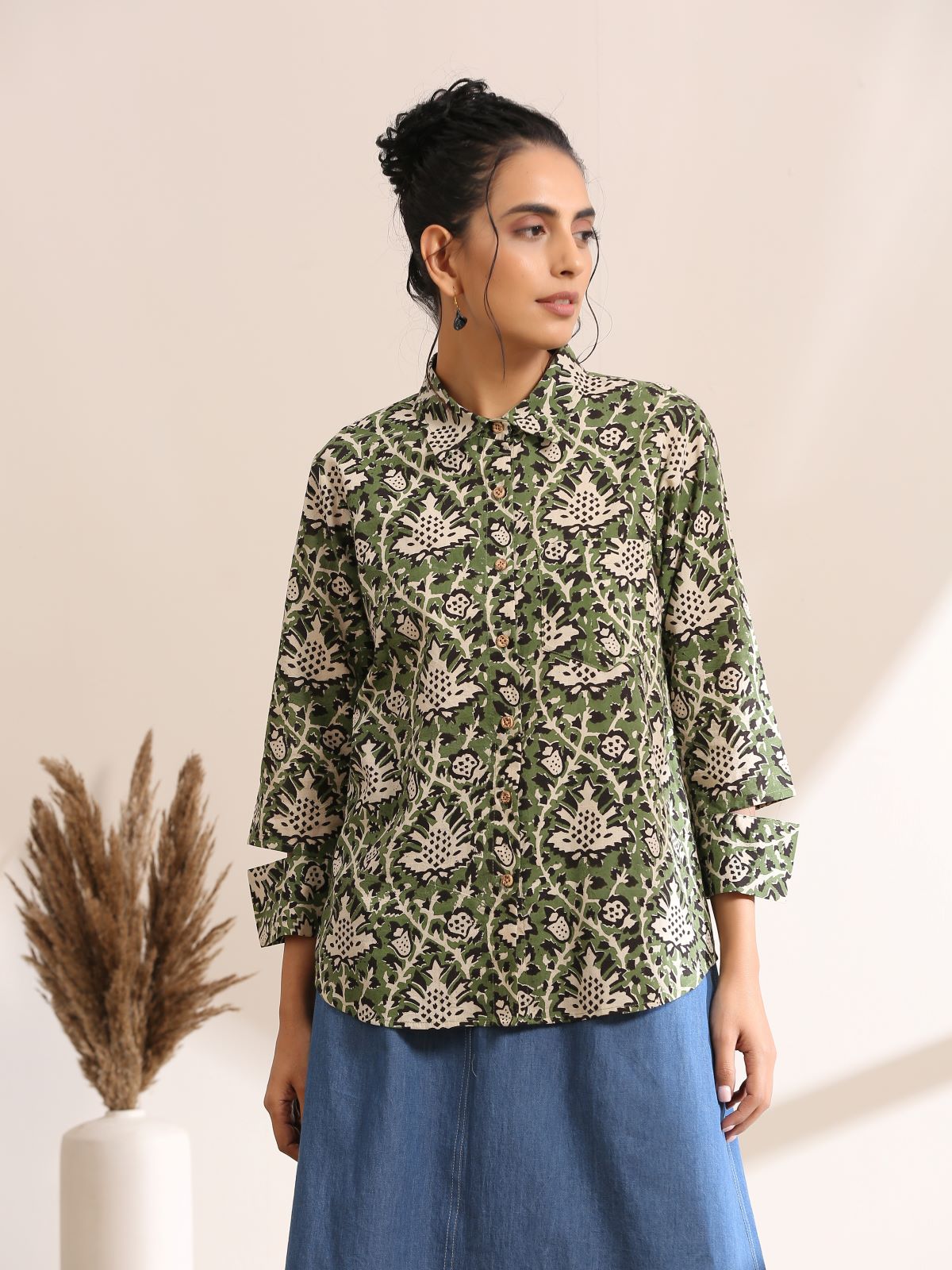 Alice- Green abstract shirt with light denim skirt