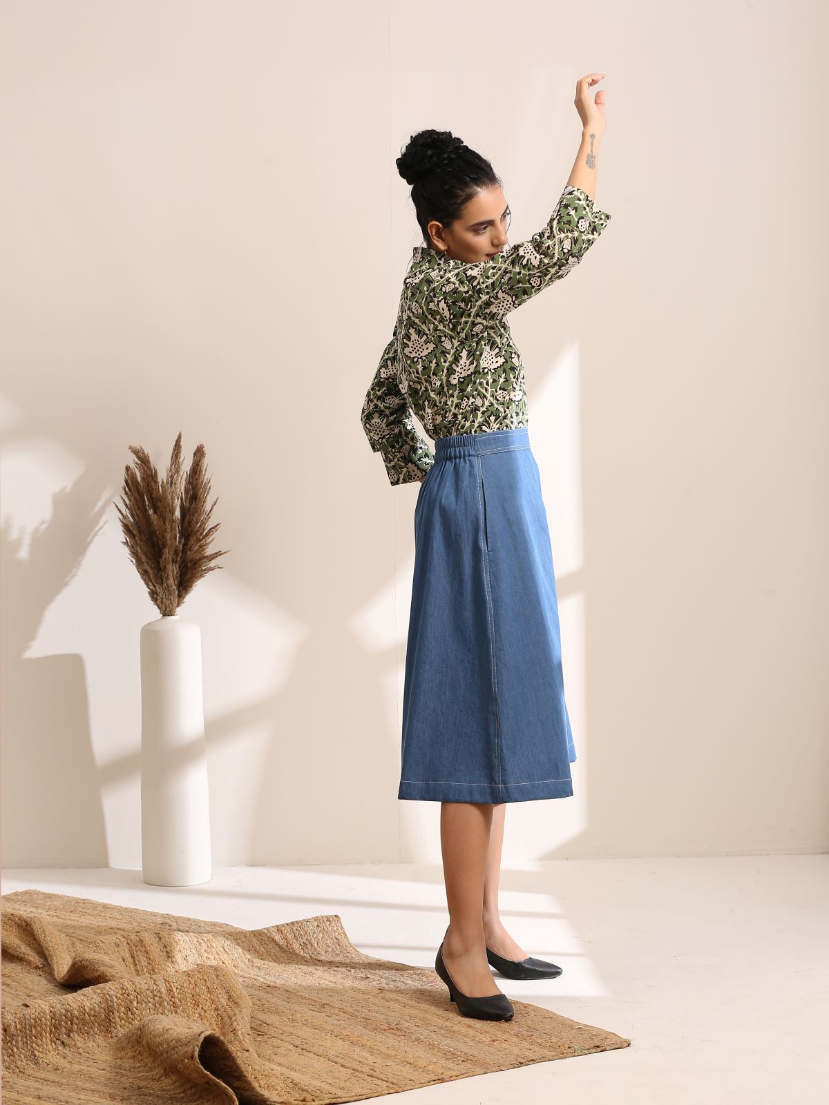 Alice- Green abstract shirt with light denim skirt