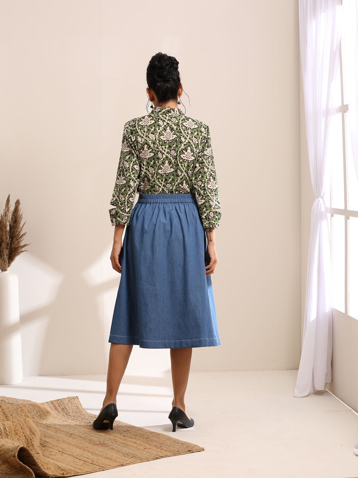 Alice- Green abstract shirt with light denim skirt