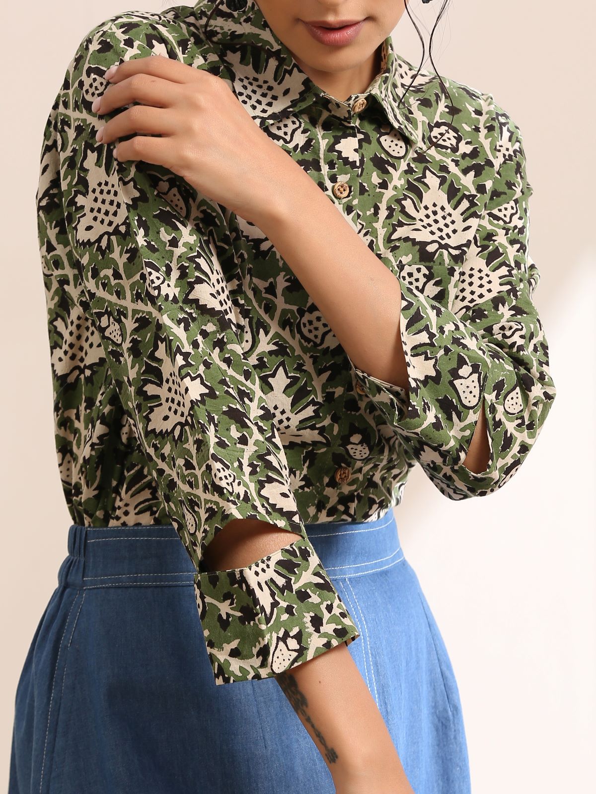 Alice- Green abstract shirt with light denim skirt