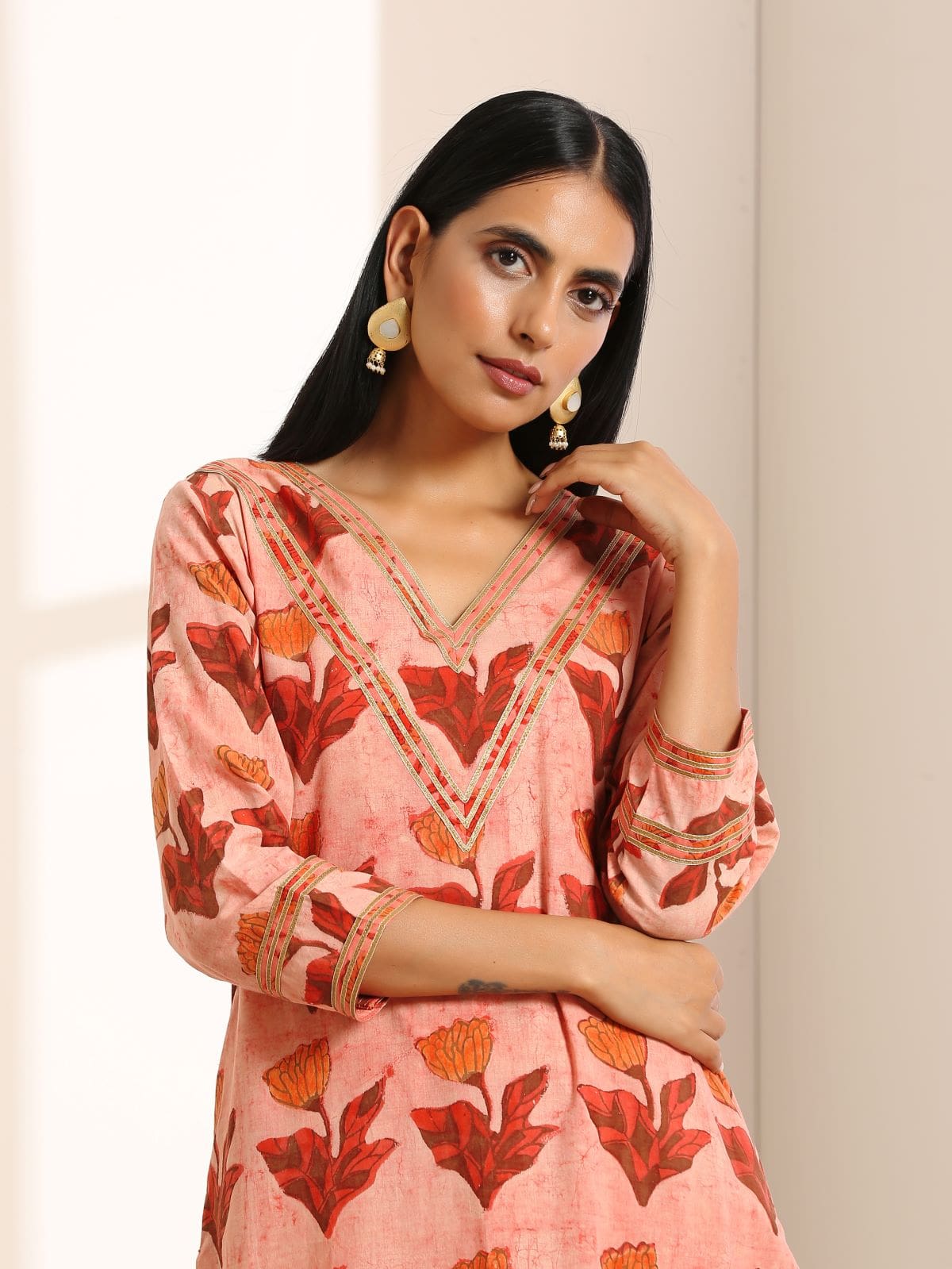 Peach Orange straight kurta set- set of 3- SAMPLE PC