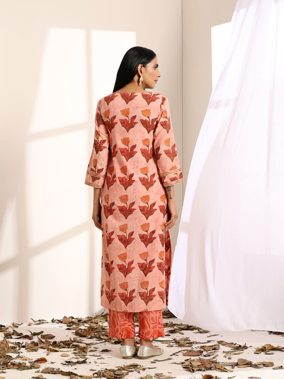 Peach Orange straight kurta set- set of 3- SAMPLE PC