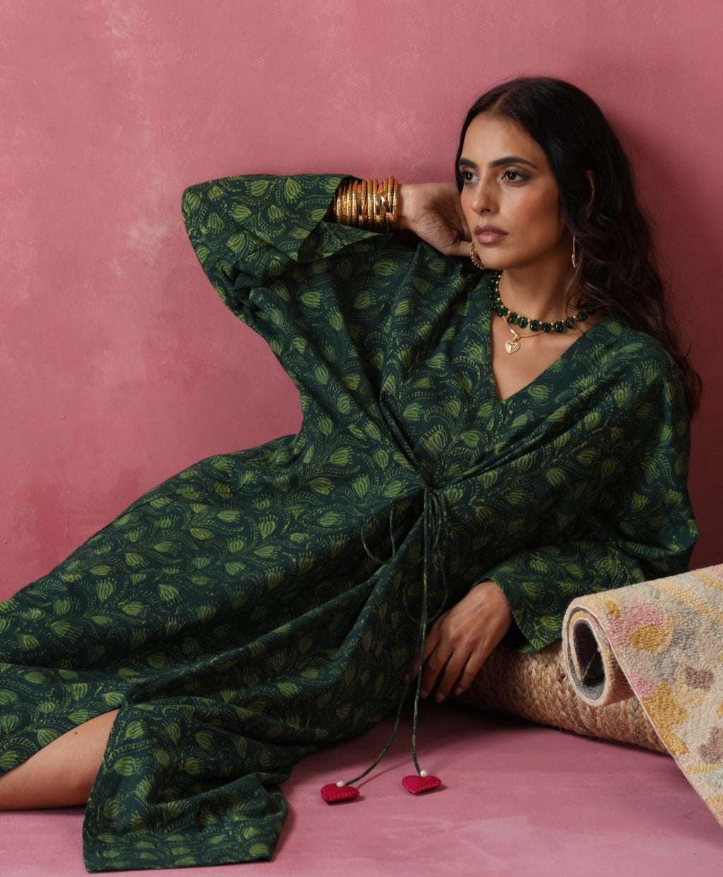 Pine - Freesize Kaftan Dress with tie up belt