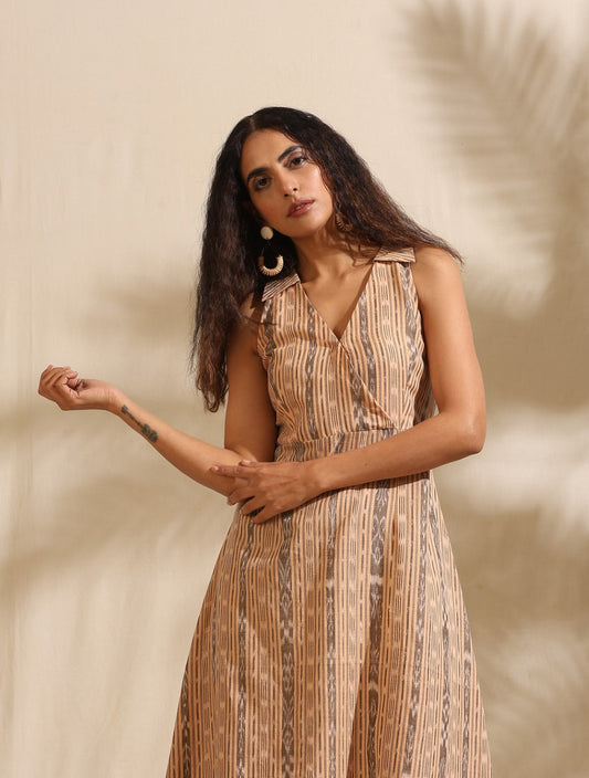 ON SALE- Saanvi- Beige ikat midi dress