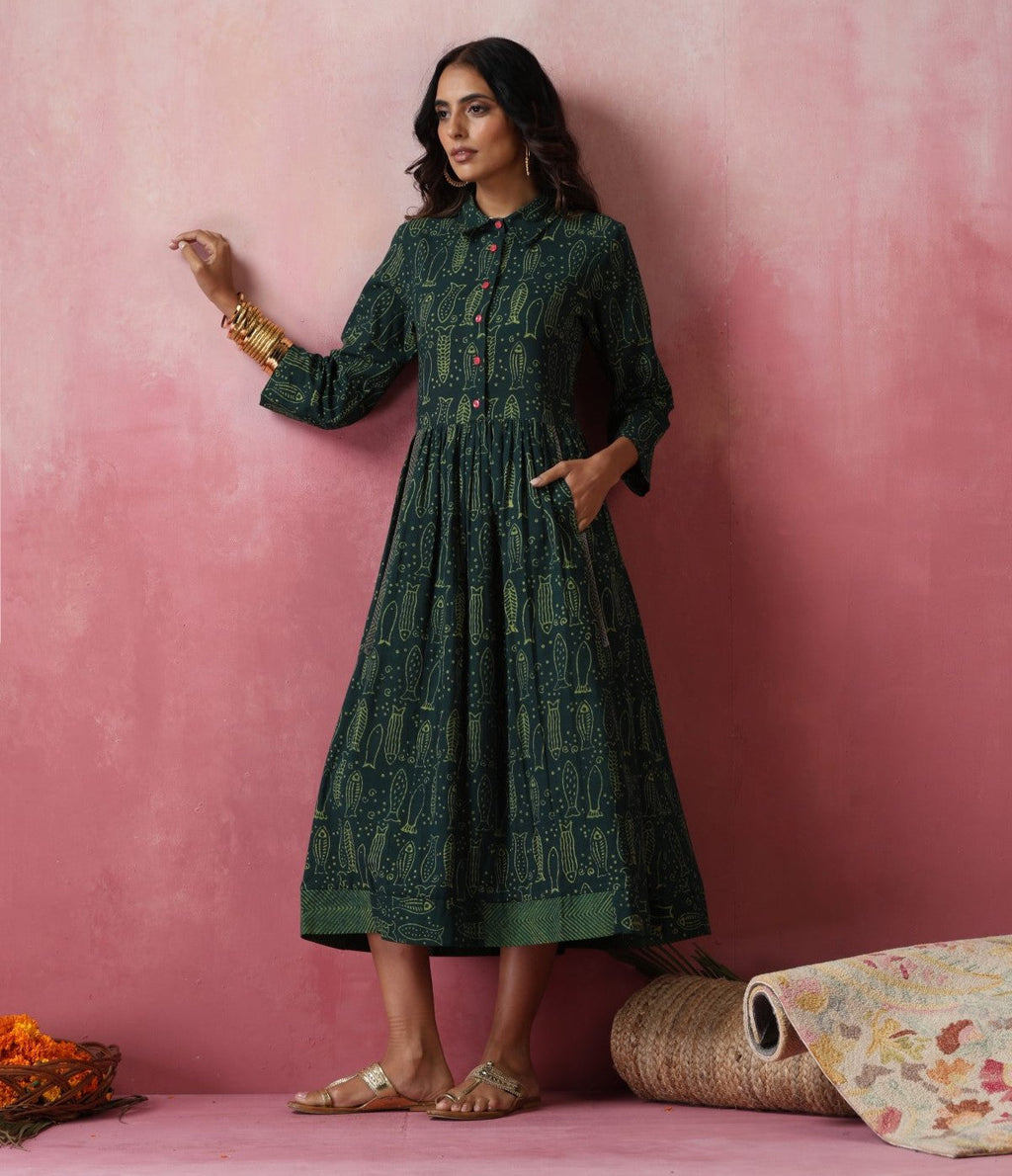 Olive - block print fish dress with upcycled fabric hem
