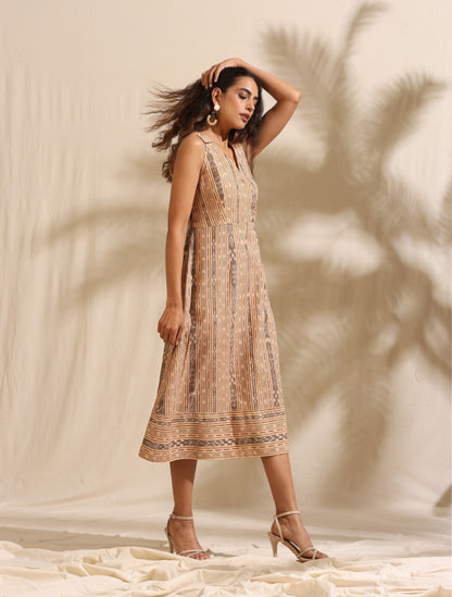 Saanvi- Beige ikat midi dress