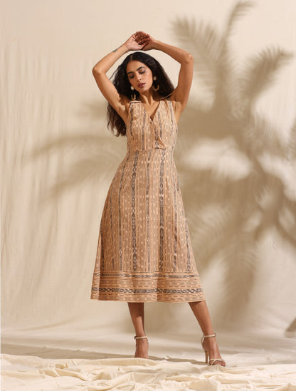 Saanvi- Beige ikat midi dress