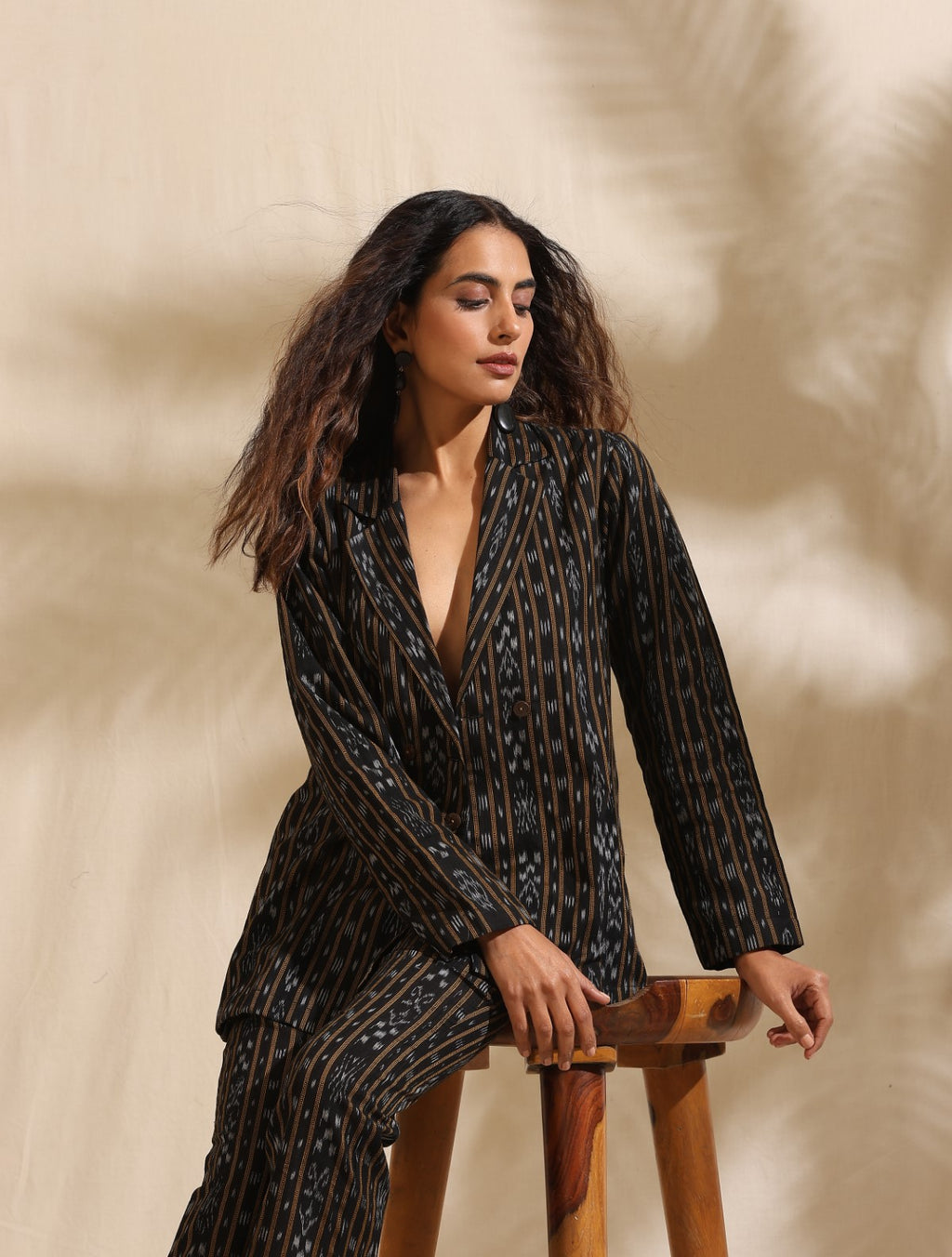 ON SALE- Selene- Black ikat blazer and pant set with mustard shirt- 3 pc set