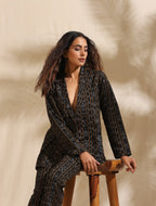 ON SALE- Selene- Black ikat blazer and pant set with mustard shirt- 3 pc set