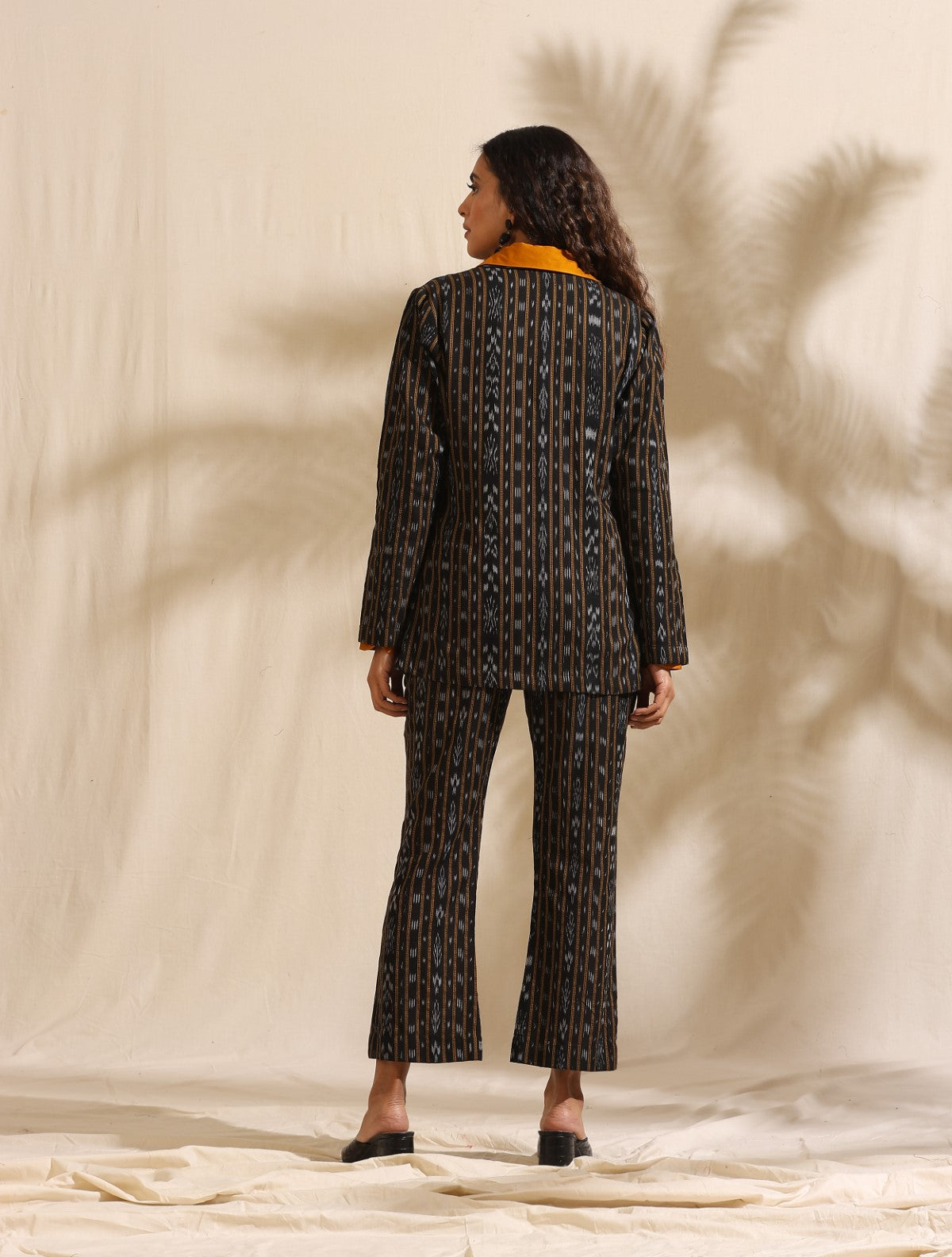 ON SALE- Selene- Black ikat blazer and pant set with mustard shirt- 3 pc set