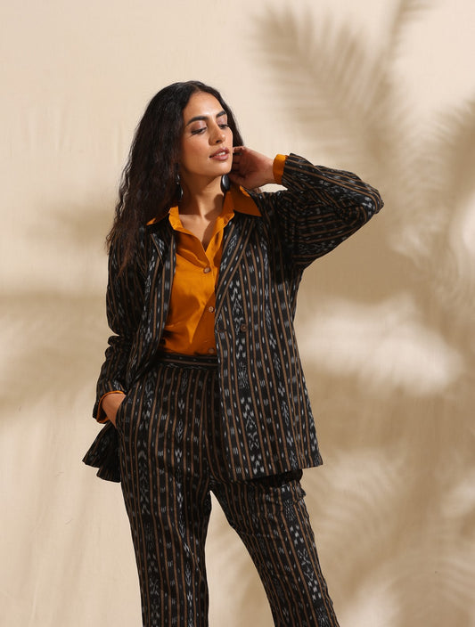 Selene- Black ikat blazer and pant set with mustard shirt- 3 pc set