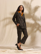 ON SALE- Selene- Black ikat blazer and pant set with mustard shirt- 3 pc set