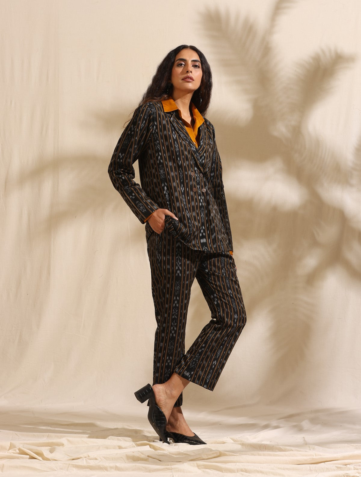 ON SALE- Selene- Black ikat blazer and pant set with mustard shirt- 3 pc set