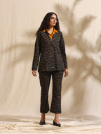 ON SALE- Selene- Black ikat blazer and pant set with mustard shirt- 3 pc set