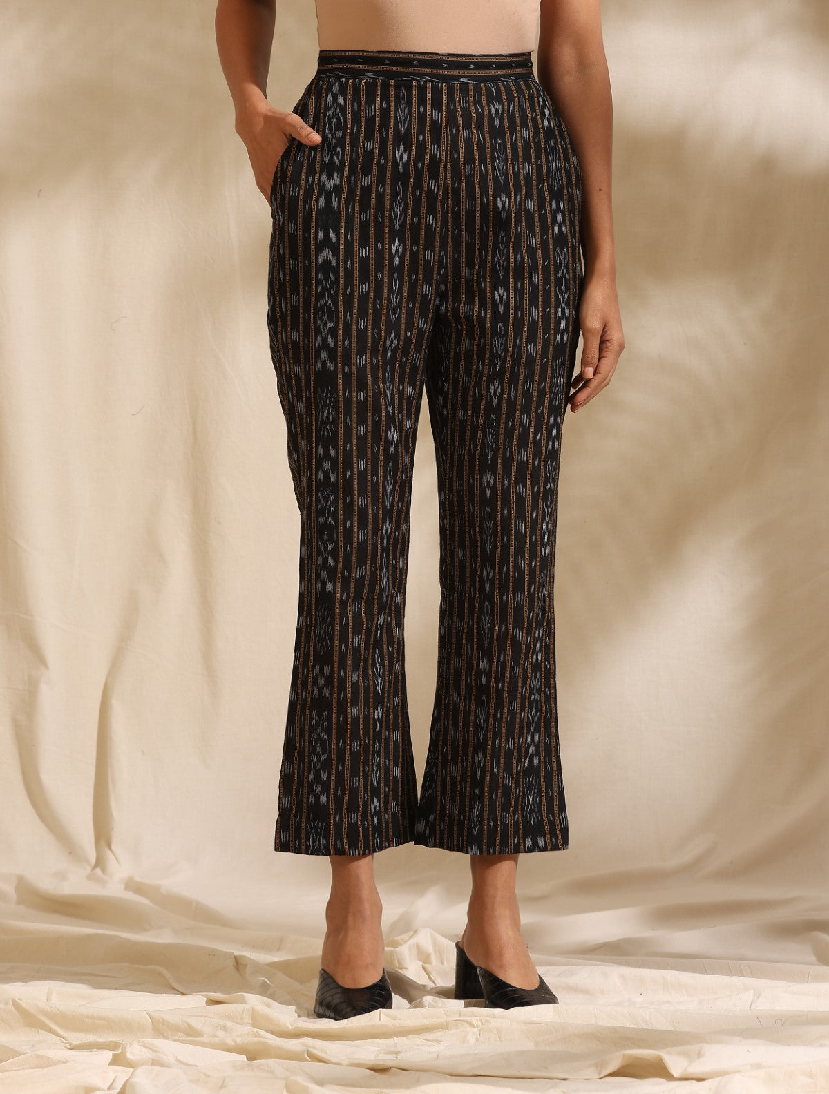 Selene- Black ikat blazer and pant set with mustard shirt- 3 pc set