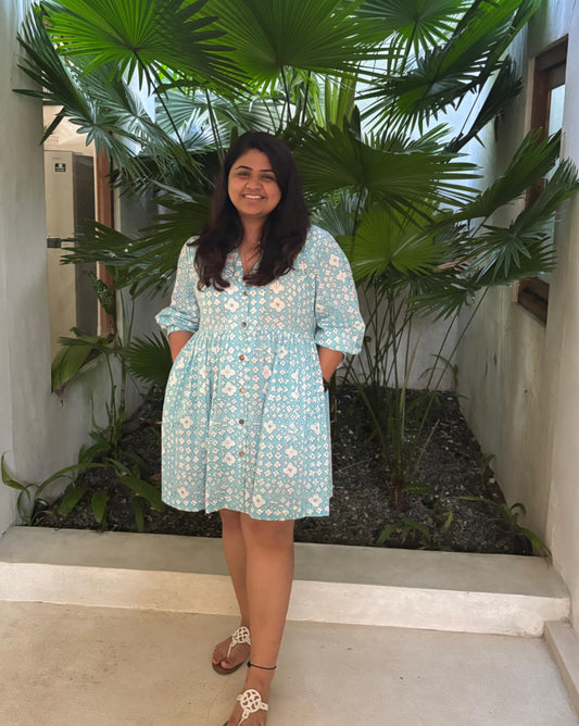 Blue baubles short flared dress