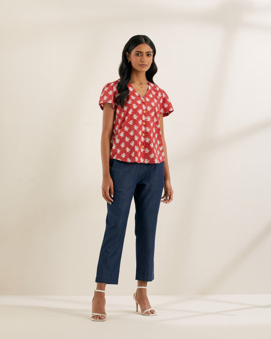 BERRY- Red button down top with denim pants