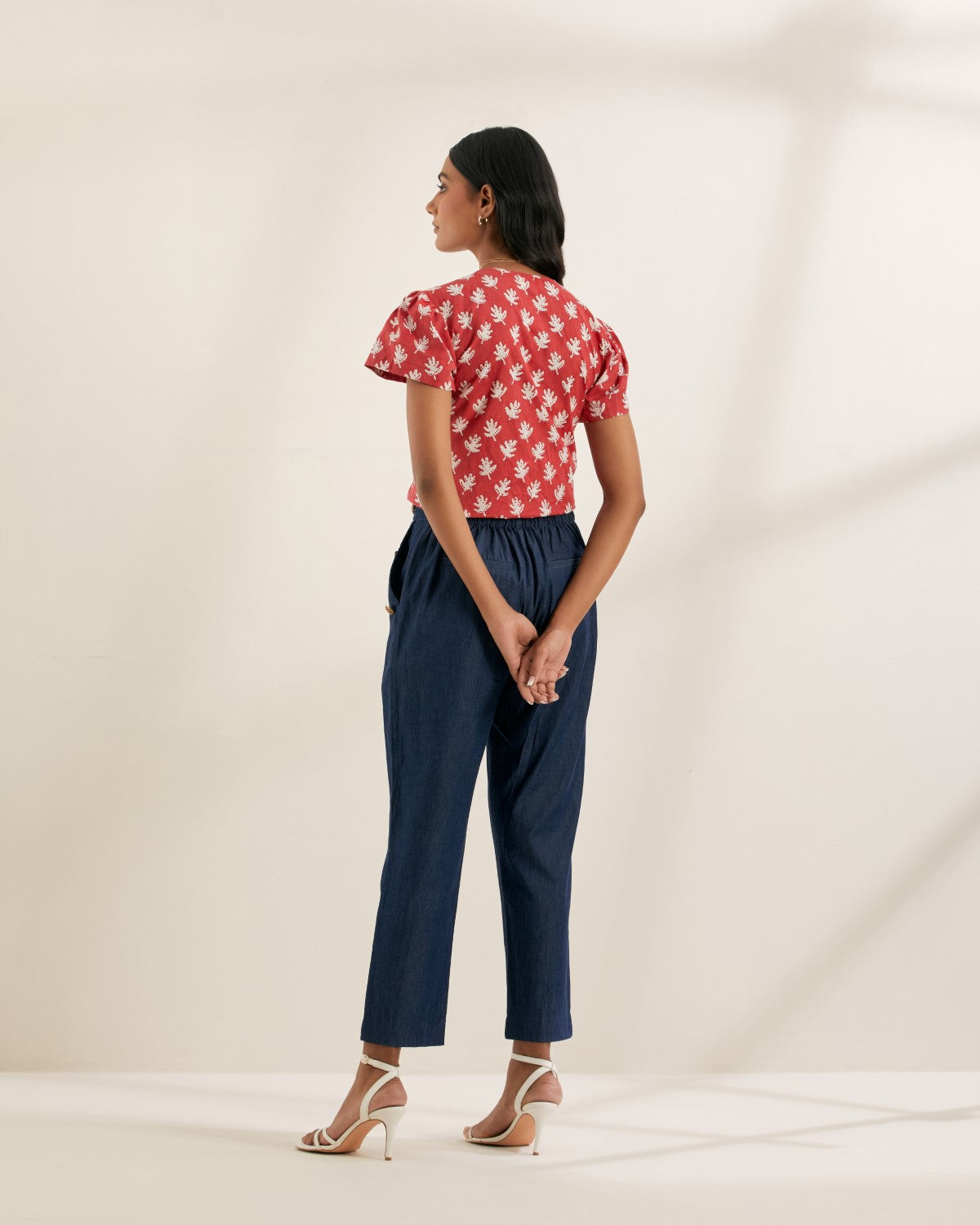 BERRY- Red button down top with denim pants