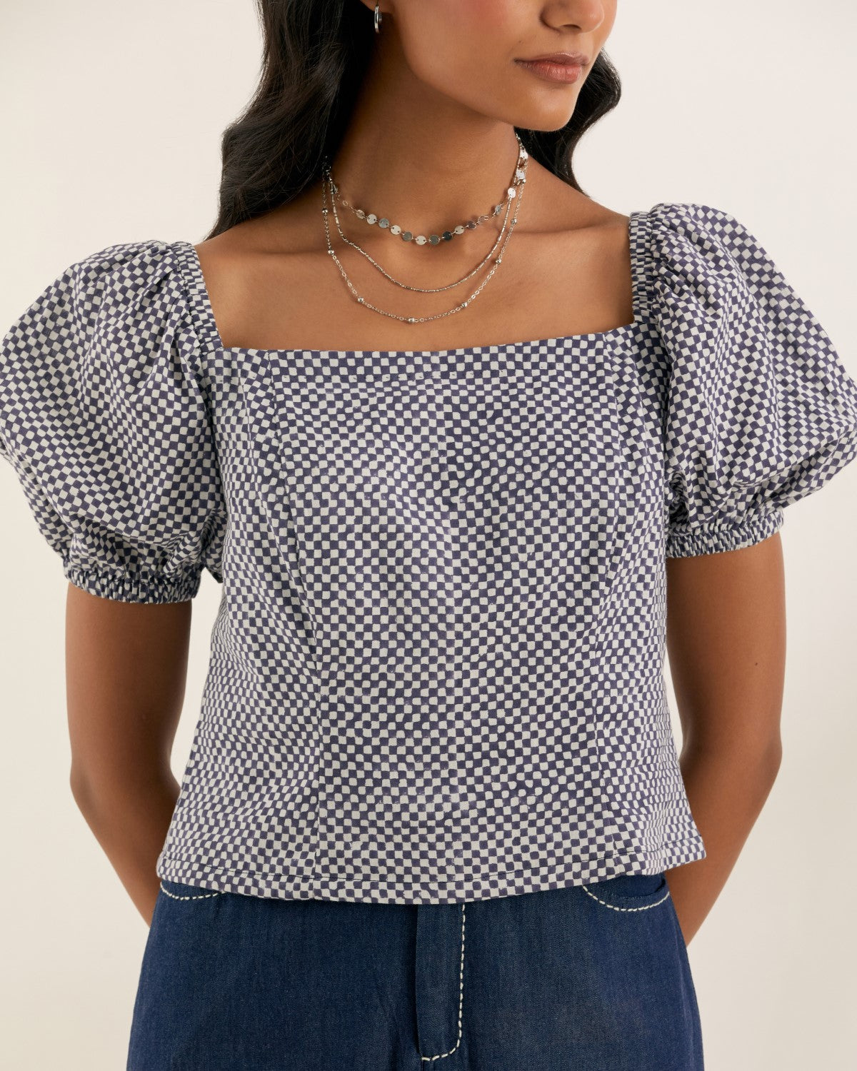 Checkmate- Square neck top with puff sleeves