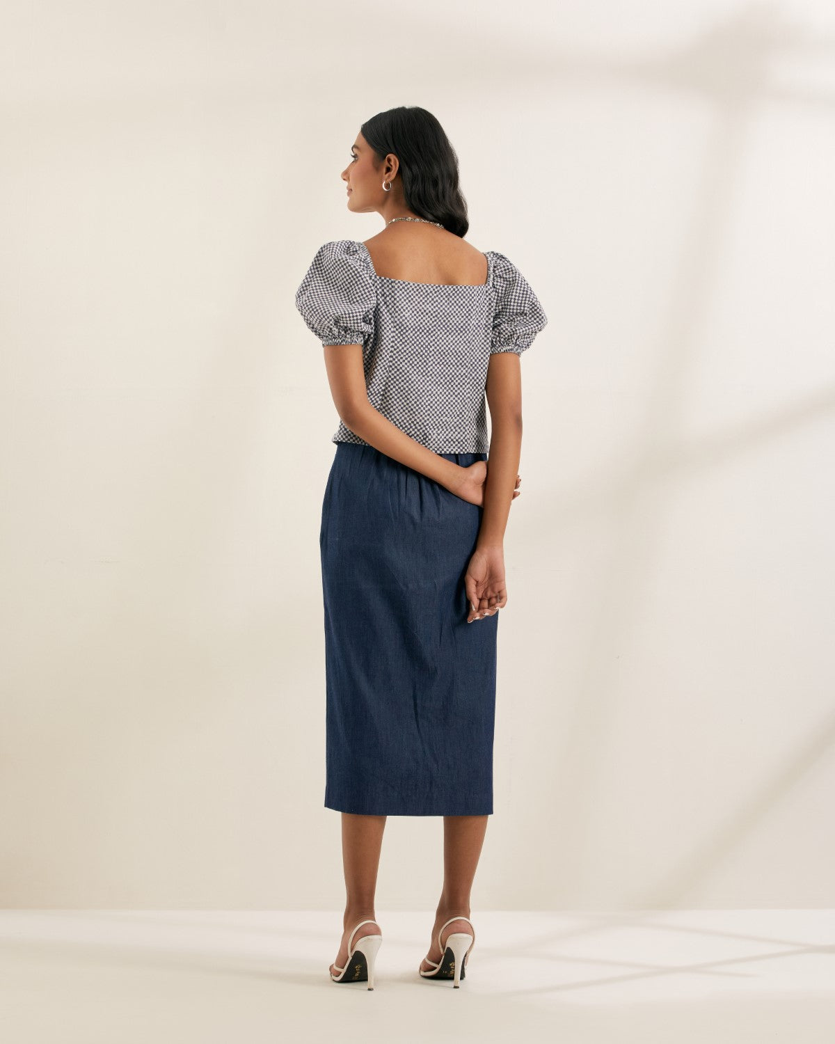 Checkmate- Square neck top with puff sleeves
