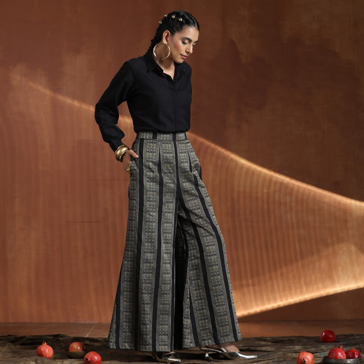 Duchess- Black shirt with black gold zari wide pants