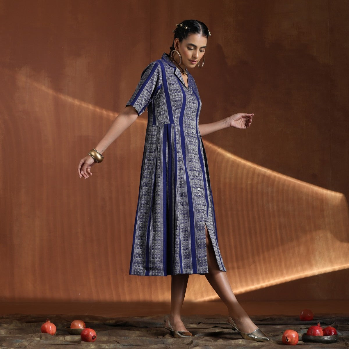 Rani- Blue gold A line pleated dress