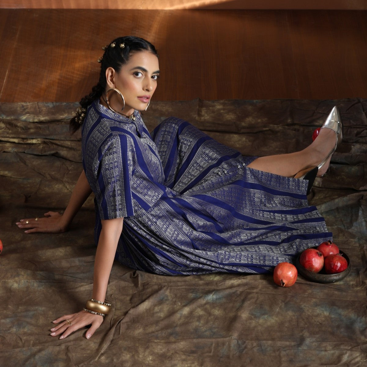 Rani- Blue gold A line pleated dress