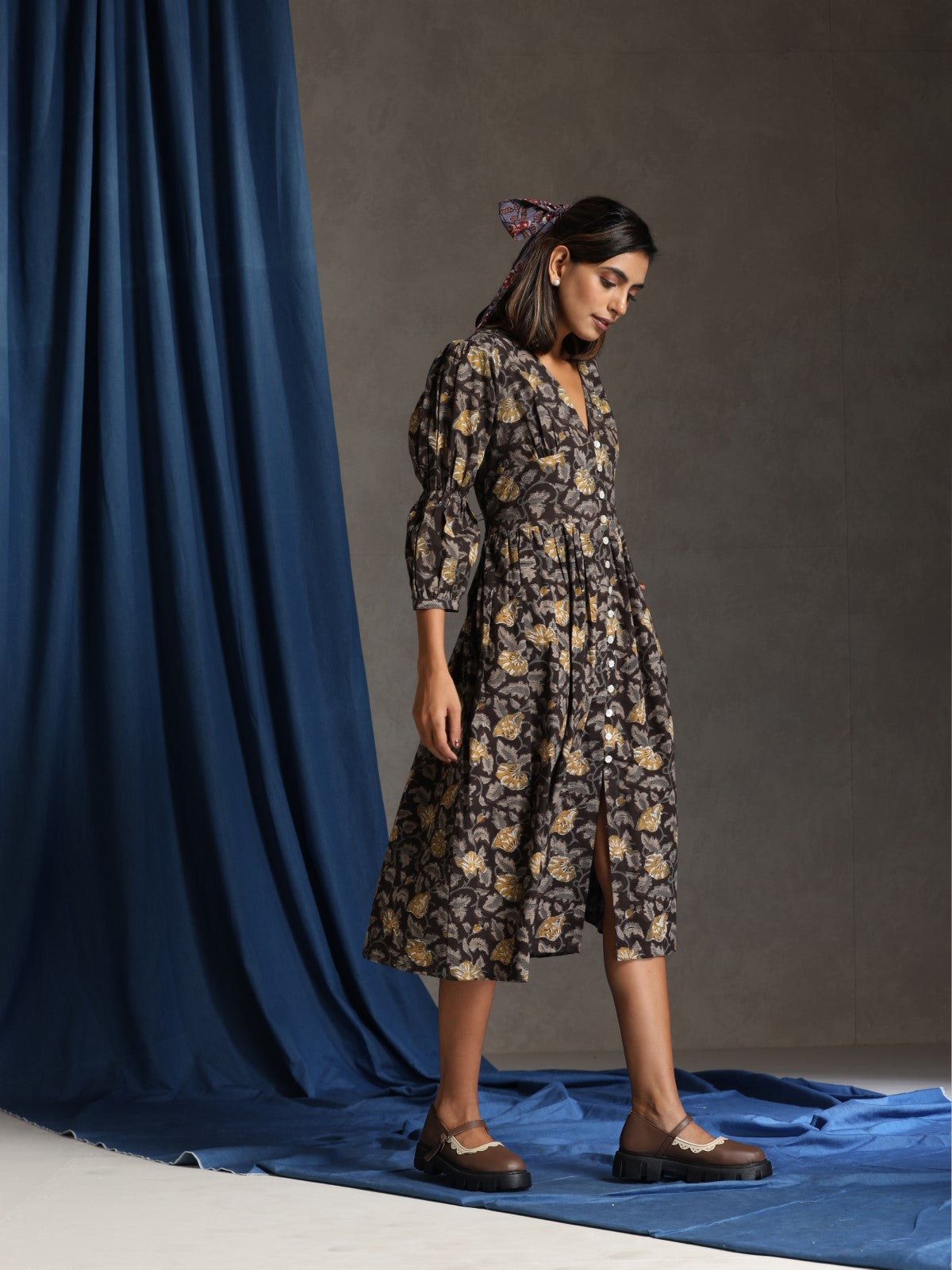 Sonnet- Charcoal mustard floral deep neck dress