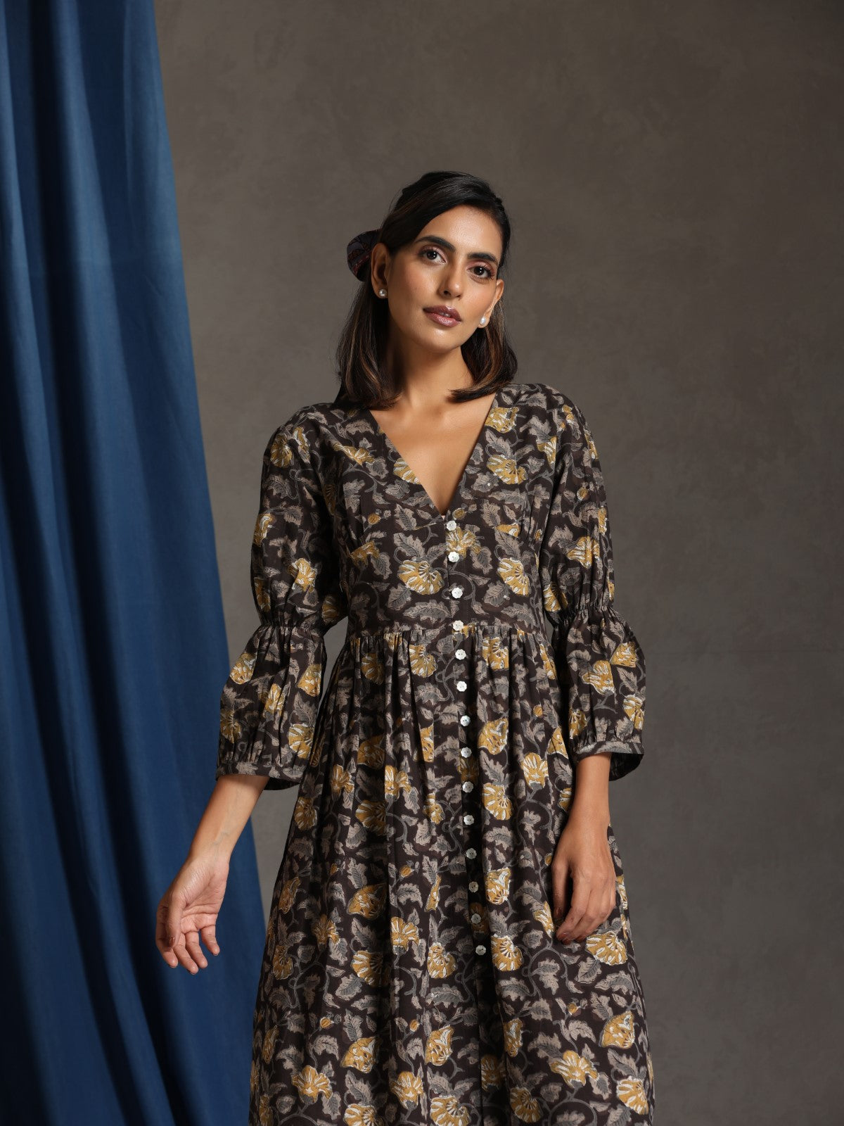 Sonnet- Charcoal mustard floral deep neck dress