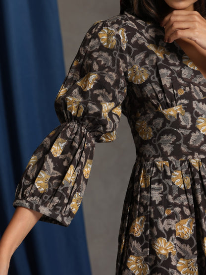 Sonnet- Charcoal mustard floral deep neck dress