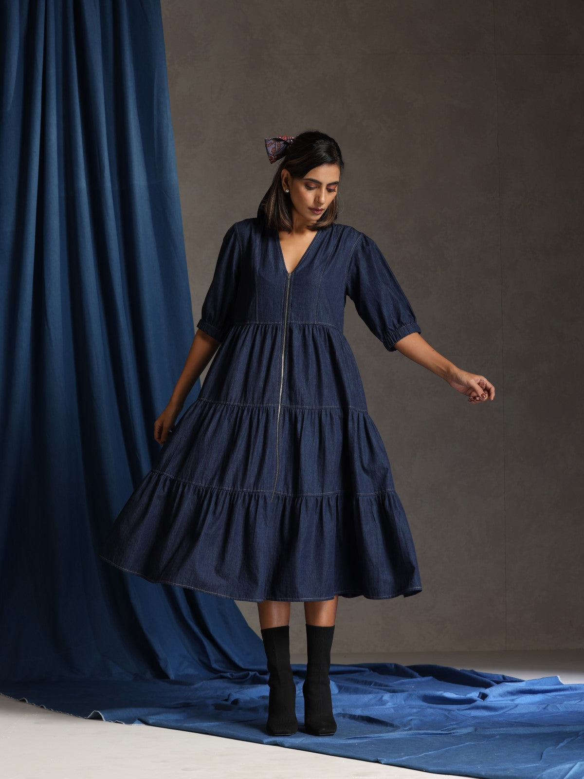 denim dress tiered Pilcro Sleeveless Tiered Ruffled Denim Midi Dress
