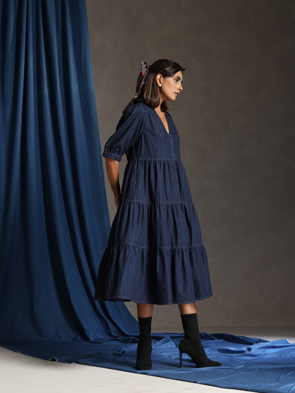 Vibe- Deep blue denim tiered dress