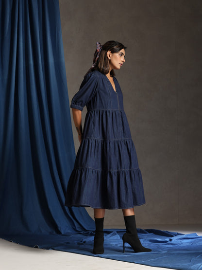 Vibe- Deep blue denim tiered dress