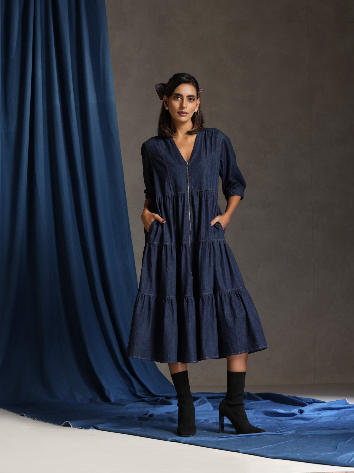 Vibe- Deep blue denim tiered dress