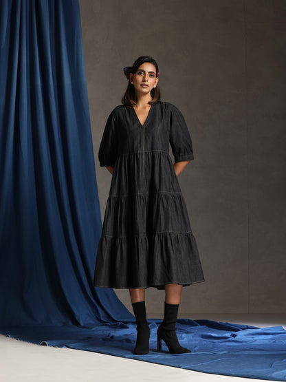 Runway- Charcoal denim tiered dress