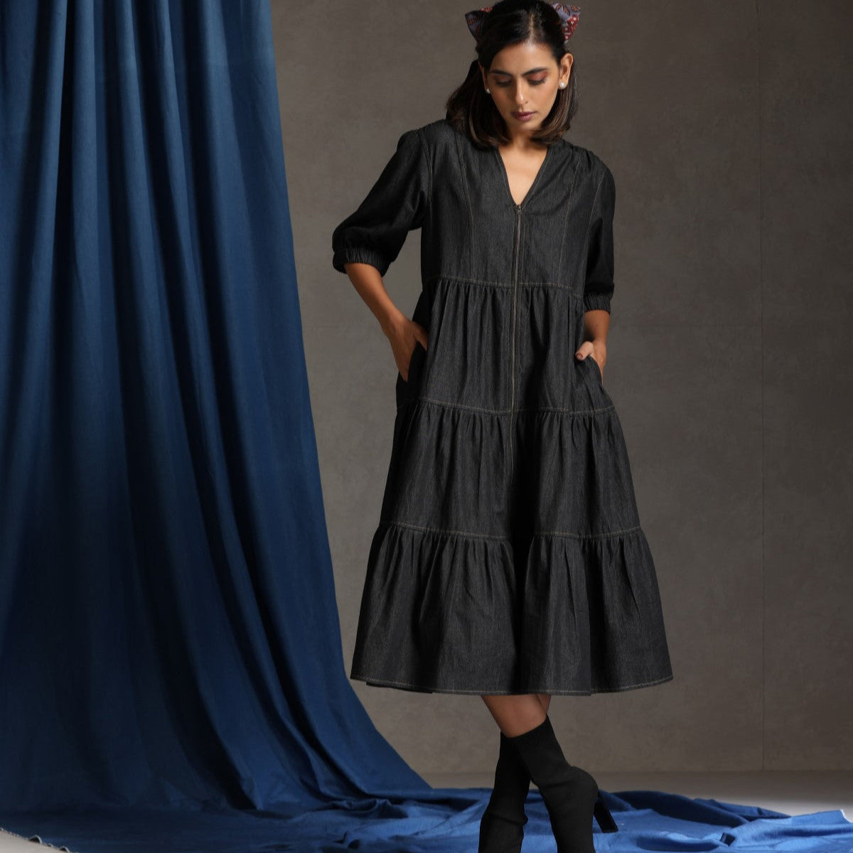 Runway- Charcoal denim tiered dress